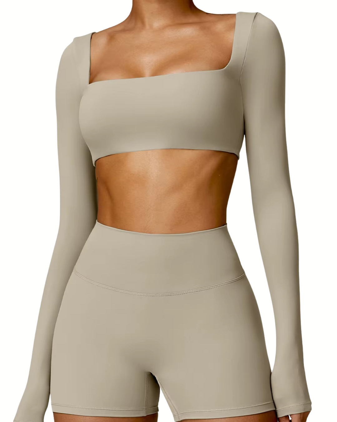 SQUARE NECK CROPPED LONG SLEEVE - Beżowy / XS/S