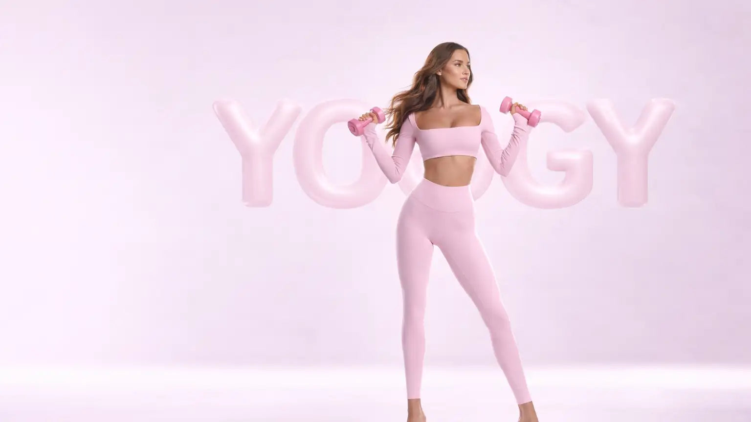 Kobieta w pasującym różowym zestawie sportowym trzyma dwa małe, jednolicie różowe hantle.