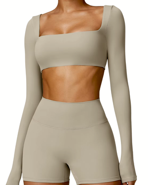 SQUARE NECK CROPPED LONG SLEEVE - Beżowy / XS/S