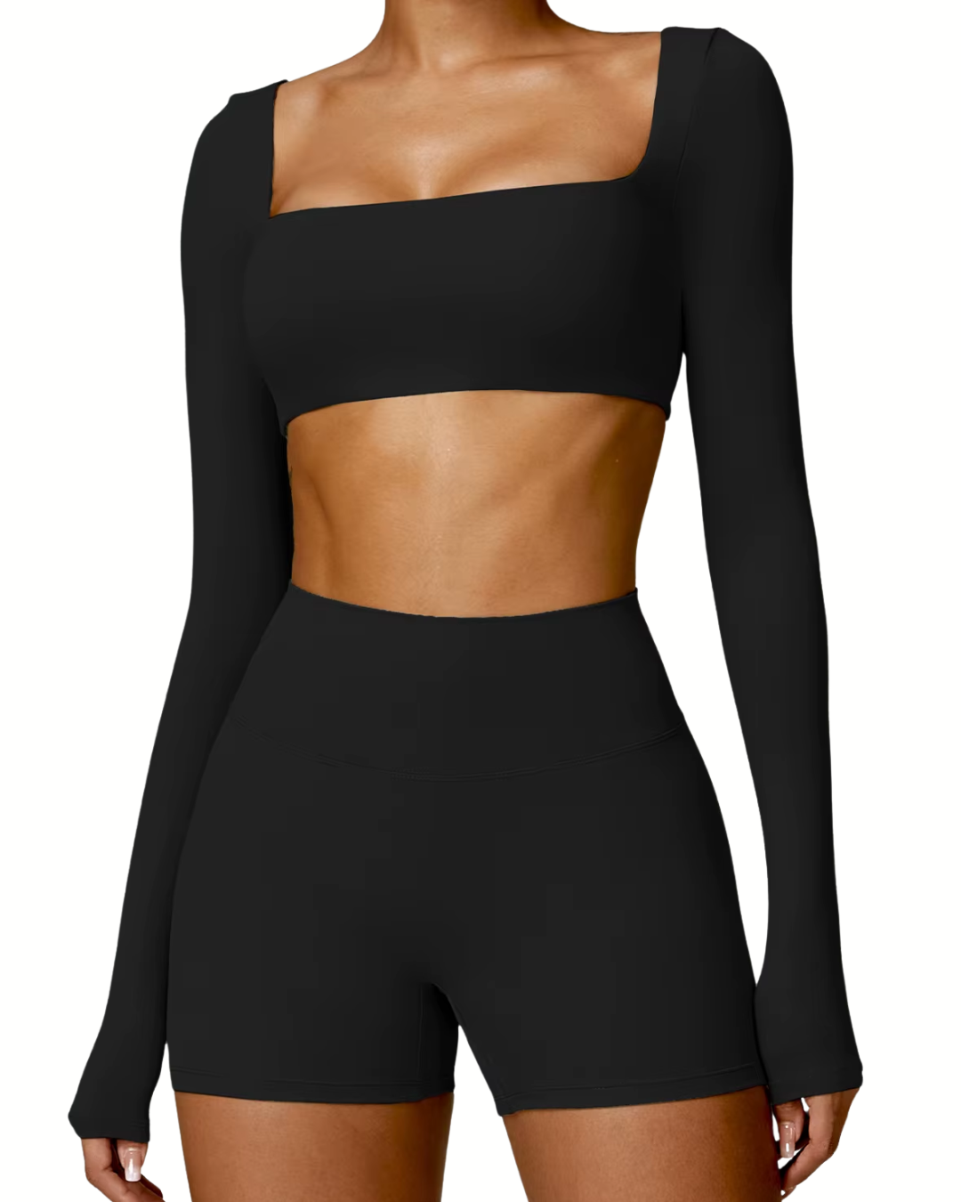 SQUARE NECK CROPPED LONG SLEEVE - Czarny / XS/S