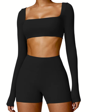 SQUARE NECK CROPPED LONG SLEEVE - Czarny / XS/S