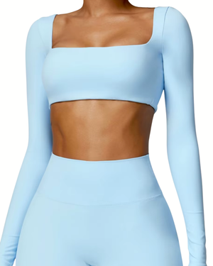 SQUARE NECK CROPPED LONG SLEEVE - Niebieski / XS/S