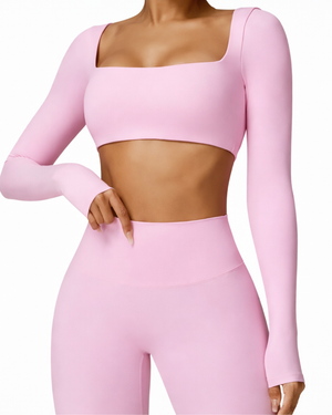 SQUARE NECK CROPPED LONG SLEEVE - Różowy / XS/S