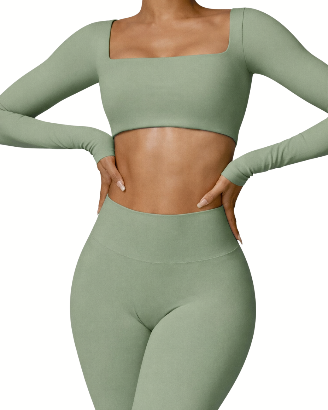 SQUARE NECK CROPPED LONG SLEEVE - Zielony / XS/S